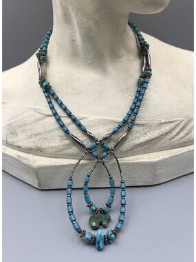 VTG Southwestern Native American Turquoise Silver Green Stone Fetish Necklace